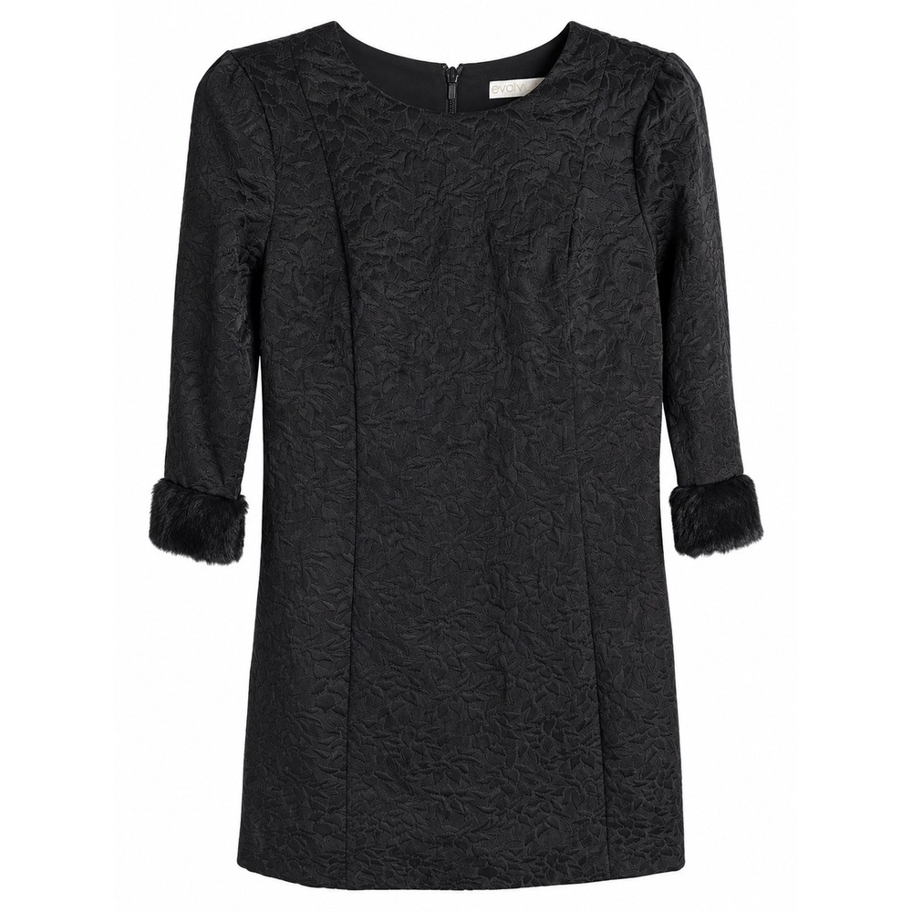 NWT Eva Mendes NY&C Black Jacquard Dress XS Faux Fur Cuff Holiday Glam $85